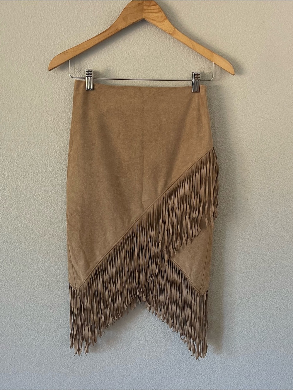 Express brown faux-suede midi skirt asymmetrical draped fringe Size 0